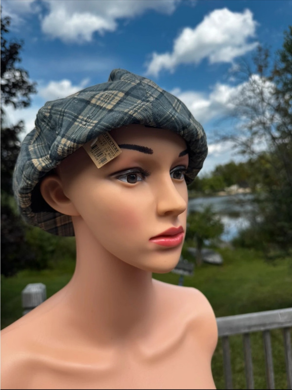 VTG 90s Structure Plaid Flat Cap Men XL Deadstock NOS Newsboy Ivy Cabbie - Picture 2 of 3